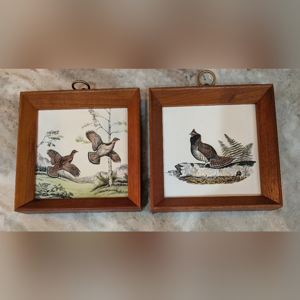 Vintage Richard Sloan Grouse Prints on Ceramic Tile Framed In Wood Frames
